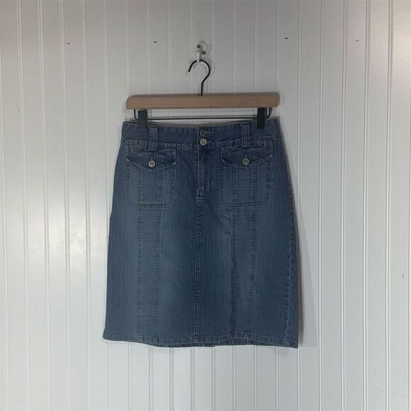 Squeeze by Stephen Hardy Blue Denim Skirt Size 9/10 Y2K Utility Pockets Stretch - Picture 1 of 5